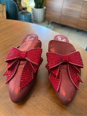 Red Velvet Mule Heels by Chic by Lady Couture With Rhinestone Embellished Bow